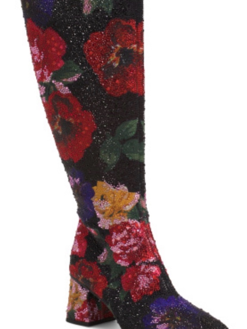 Betsey Johnson Avon Rhinestone Flower Knee High Boots in Black Flowers. Size 7